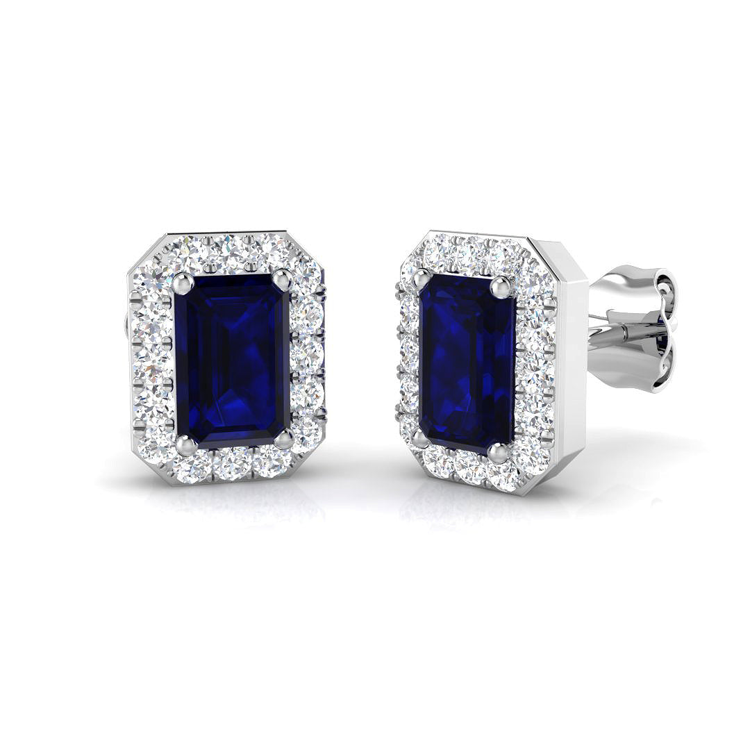 1.53ct Blue Sapphire & Natural Diamond Emerald Cut Drop Earrings in 18K White Gold