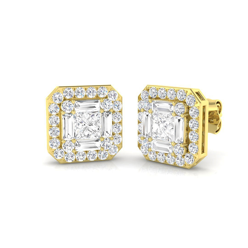 Cluster Earrings with Baguette and Round Diamonds 1.75ct Square Halo