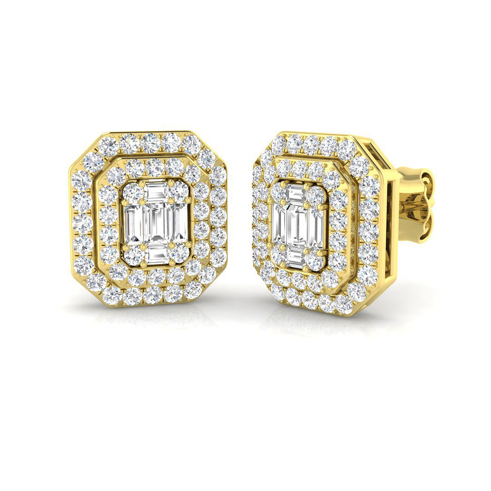 Stud Earrings with Double Octagon Halo Cluster | 1ct Gold