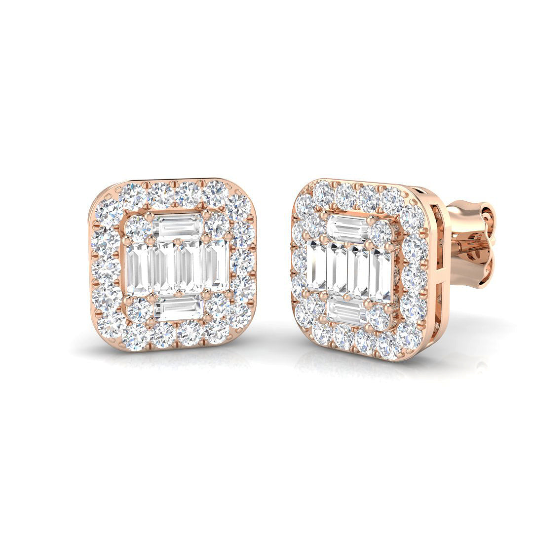 Stud Earrings with Square Cushion Halo Cluster | 1.25ct Gold