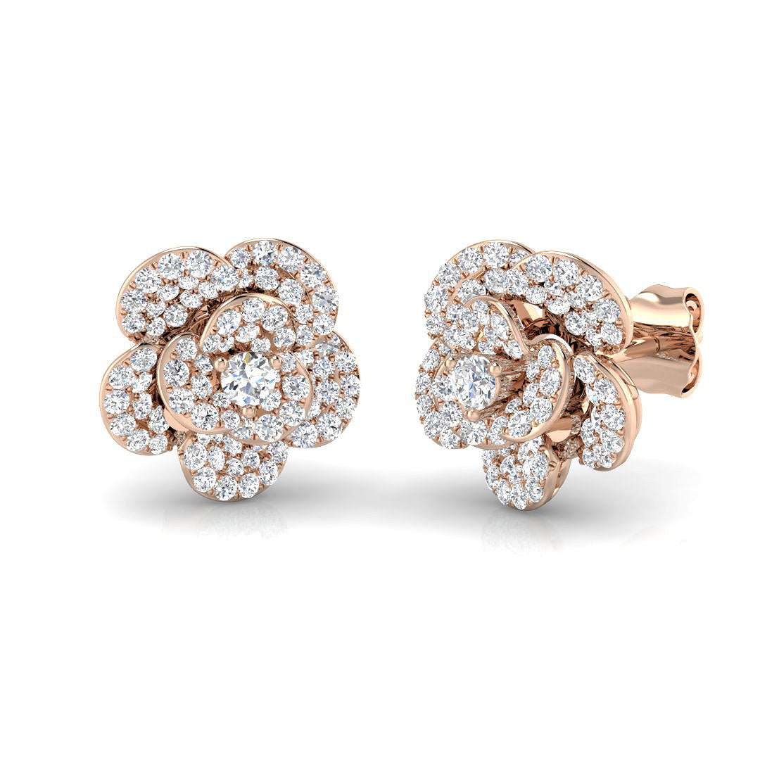 Sparkly 0.50Ct Diamond Rose Flower Stud Earrings in Yellow Gold