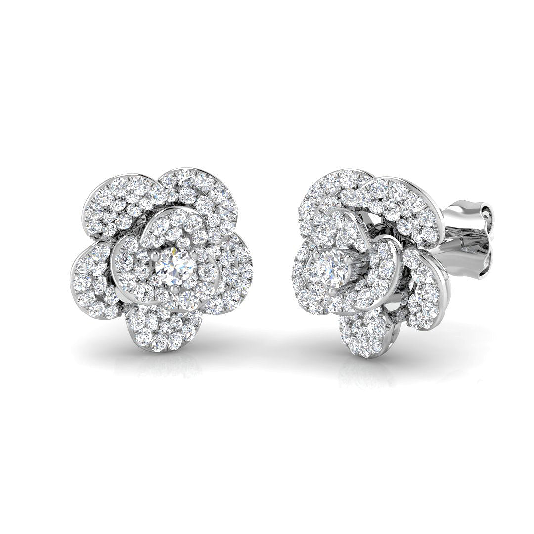 Sparkly 0.50Ct Diamond Rose Flower Stud Earrings in Yellow Gold
