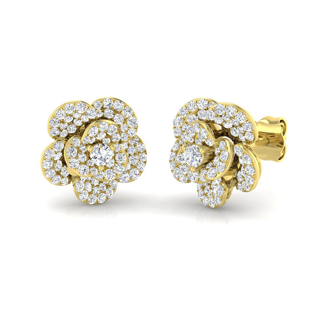 Sparkly 0.50Ct Diamond Rose Flower Stud Earrings in Yellow Gold
