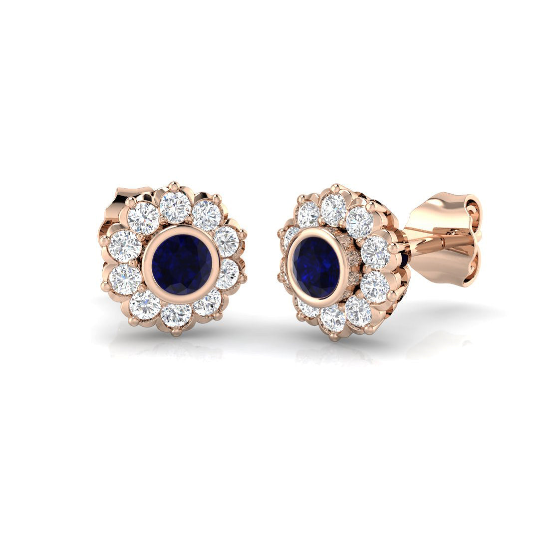 Round Cut Blue Sapphire Bezel Set with Pave Diamonds in Rose Gold