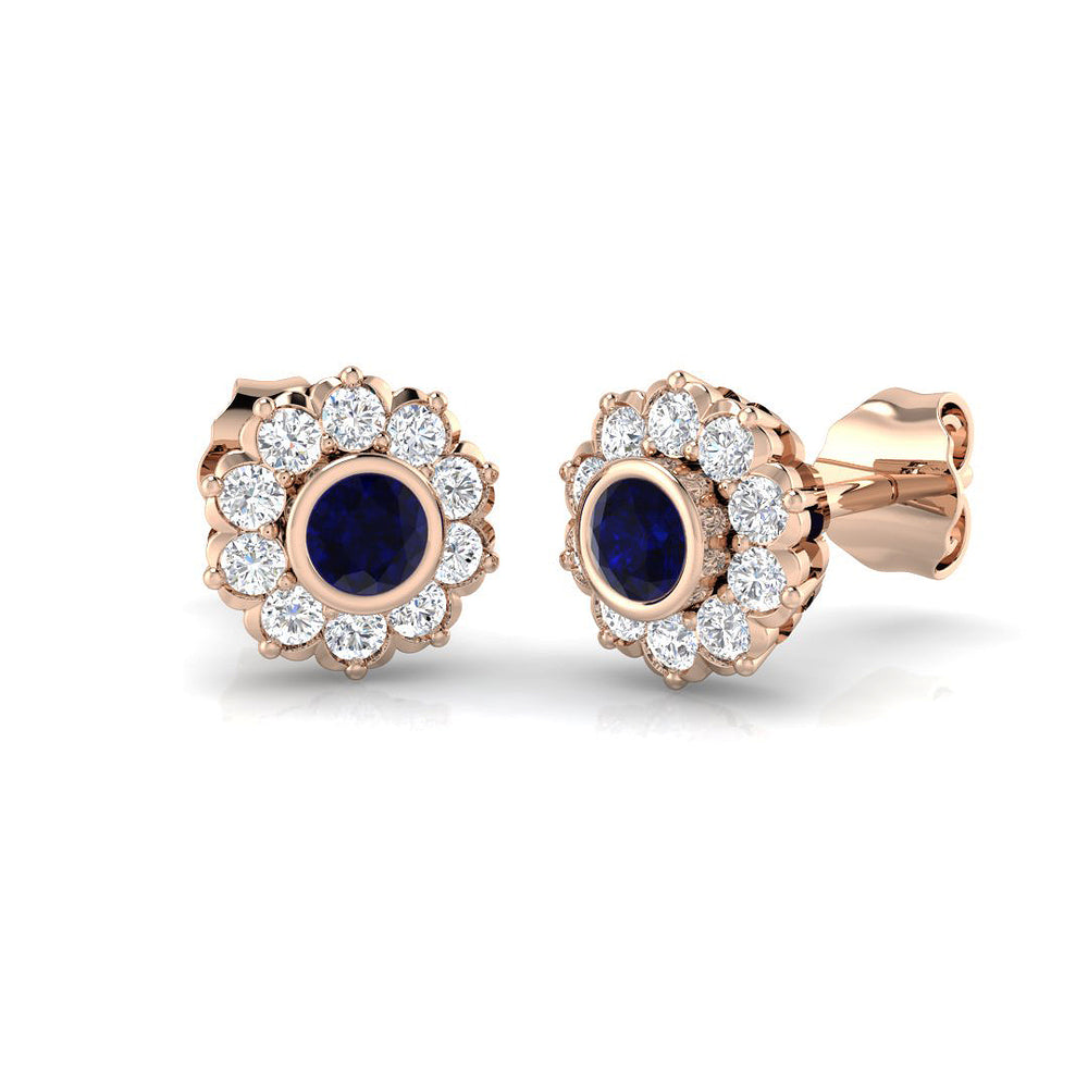 Round Cut Blue Sapphire Bezel Set with Pave Diamonds in Rose Gold