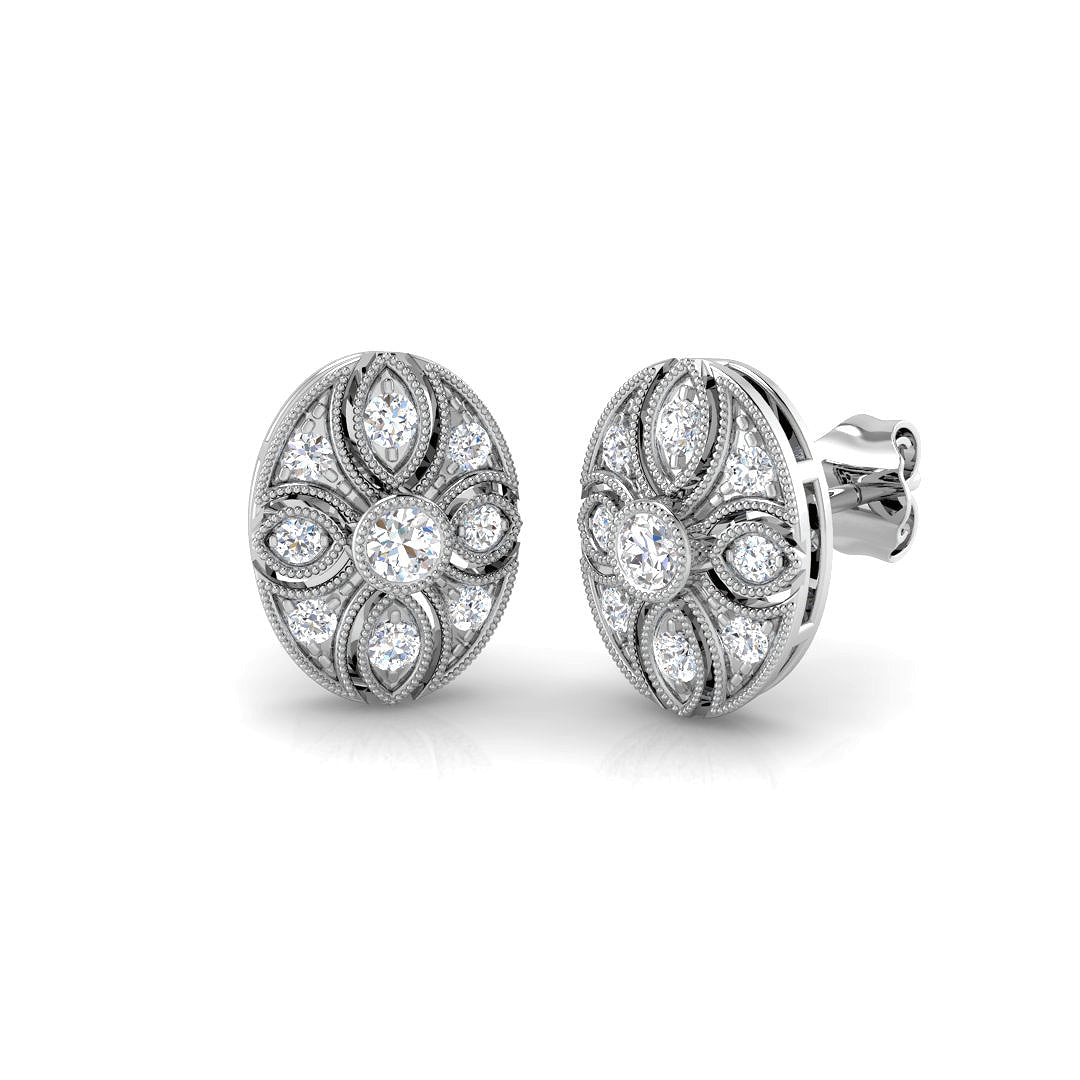 Vintage Art Deco Oval Diamond Stud Earrings - 0.33ct White Gold