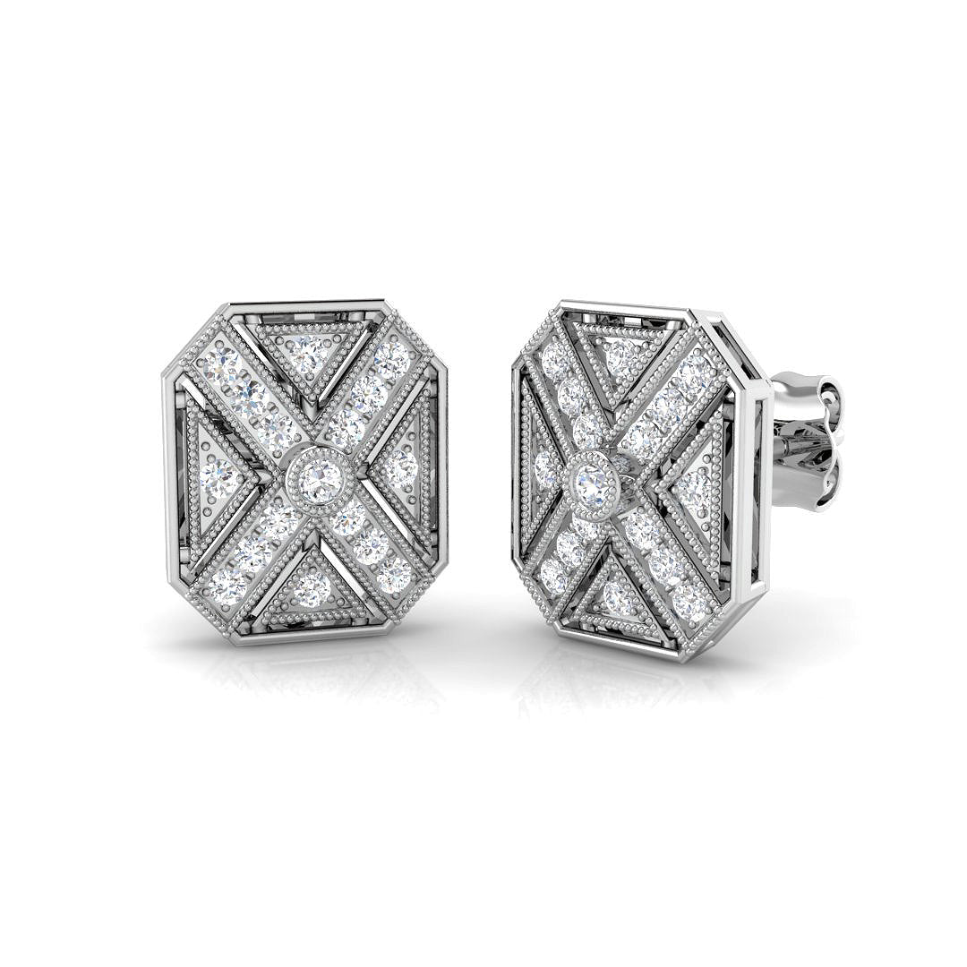 0.33 Ct Vintage Art Deco Diamond Octagon Stud Earrings in White Gold | Geometric Diamond Studs