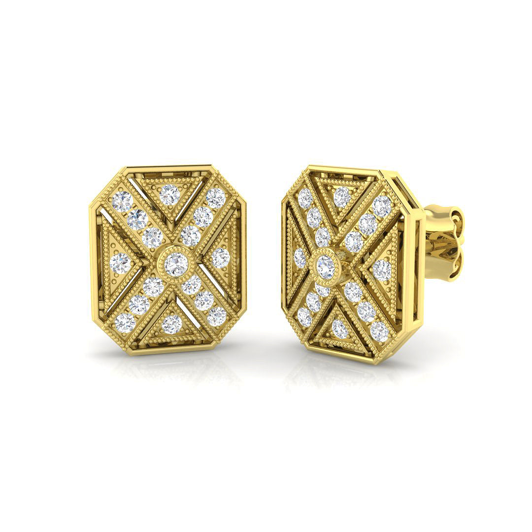 0.33 Ct Vintage Art Deco Diamond Octagon Stud Earrings in White Gold | Geometric Diamond Studs