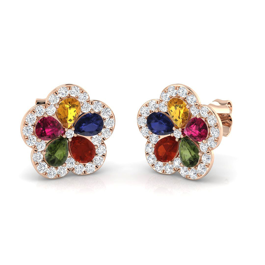 Vibrant Multi-Gemstone Diamond Flower Stud Earrings - 2.50ct Halo Design
