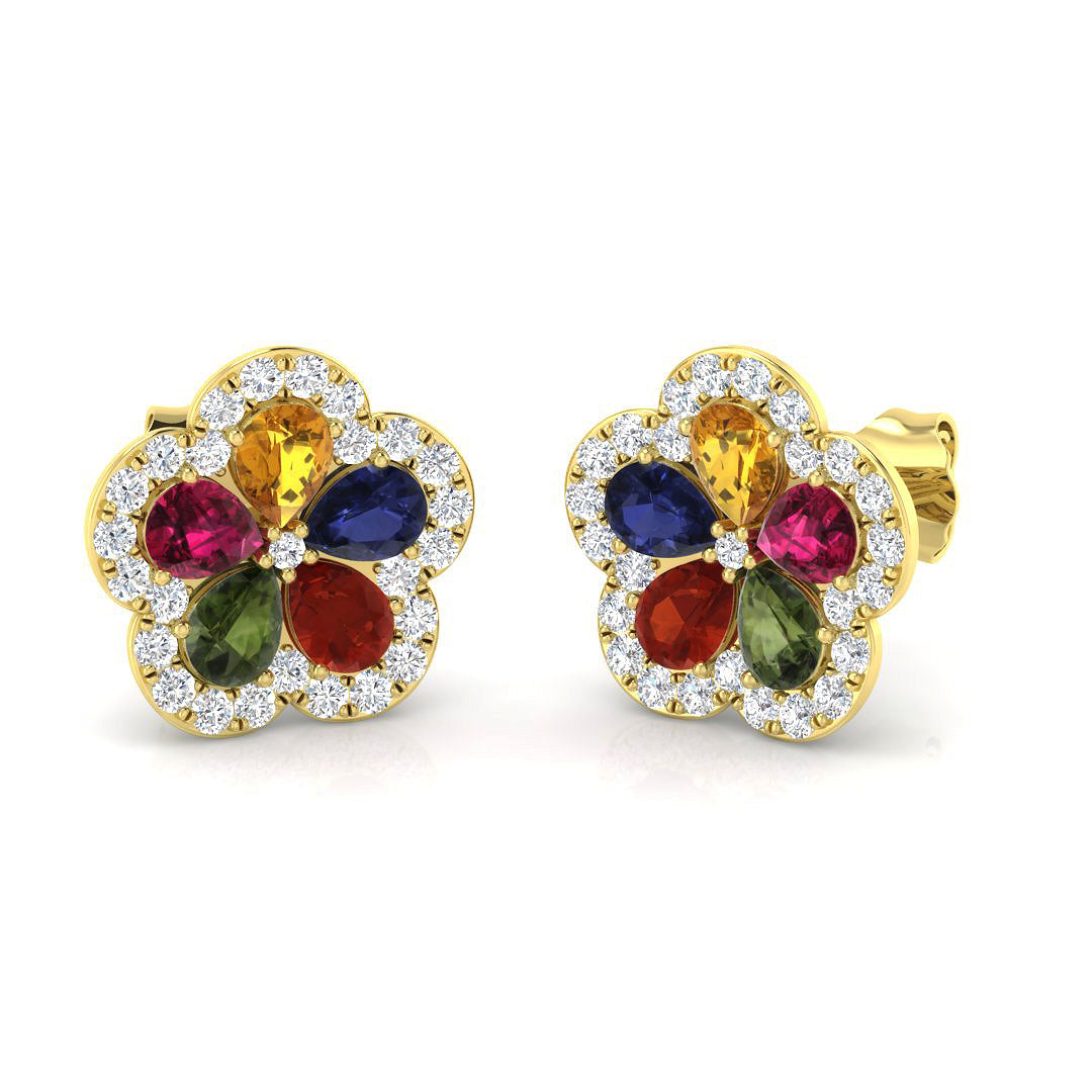 Vibrant Multi-Gemstone Diamond Flower Stud Earrings - 2.50ct Halo Design