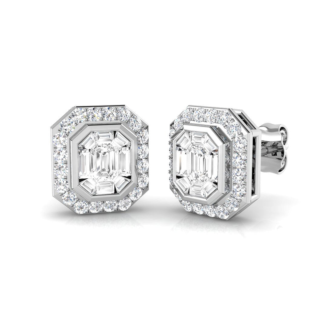 Stud Earrings with Emerald Cut Diamond Halo | 1ct Gold