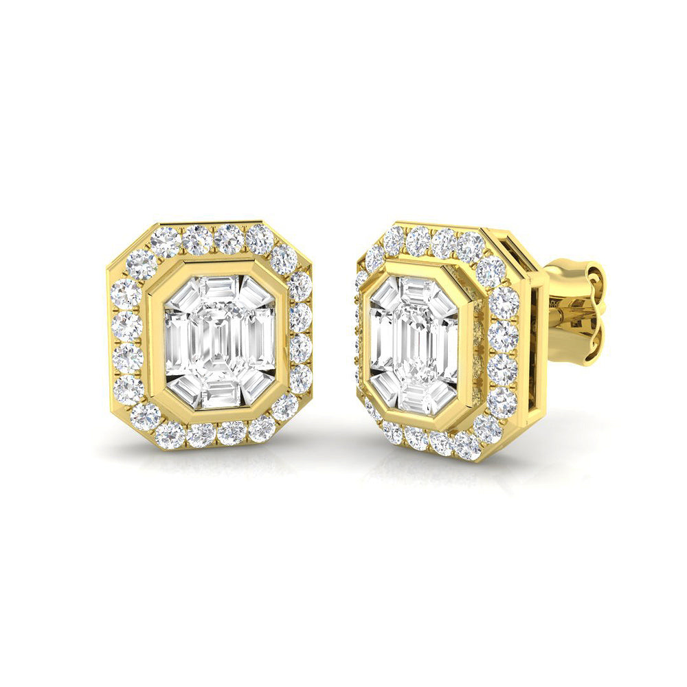 Stud Earrings with Emerald Cut Diamond Halo | 1ct Gold