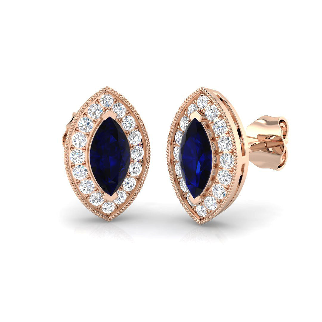 Marquise Cut Blue Sapphire Halo Stud Earrings Rose Gold