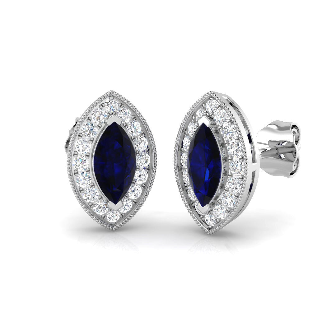 Marquise Cut Blue Sapphire Halo Stud Earrings White Gold