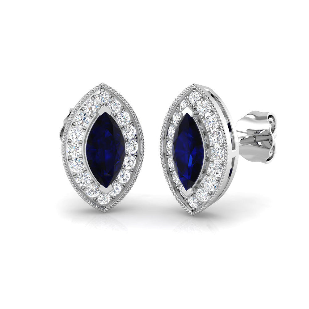 Marquise Cut Blue Sapphire Halo Stud Earrings White Gold