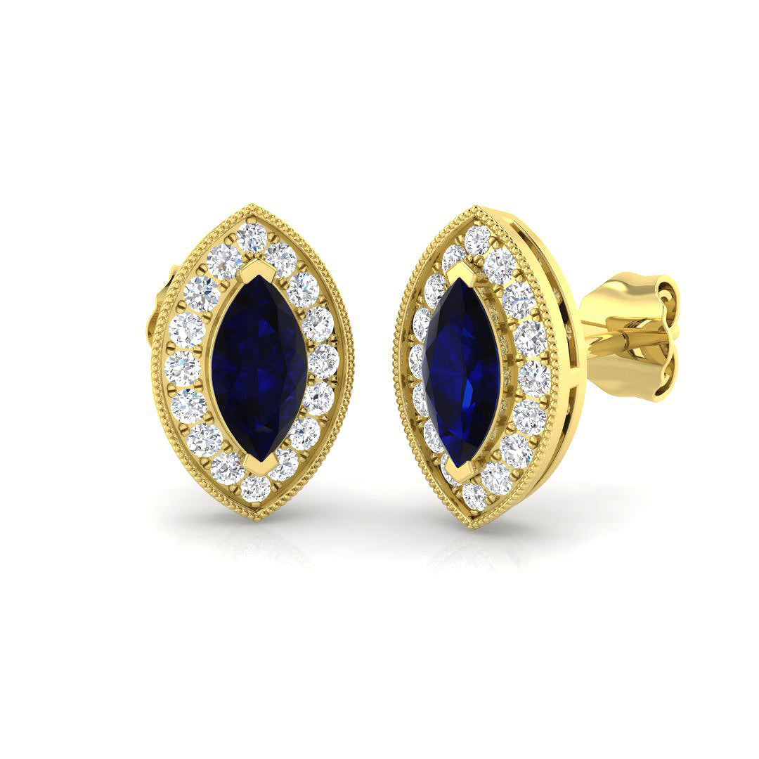 Marquise Cut Blue Sapphire Halo Stud Earrings Yellow Gold