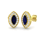 Marquise Cut Blue Sapphire Halo Stud Earrings Yellow Gold