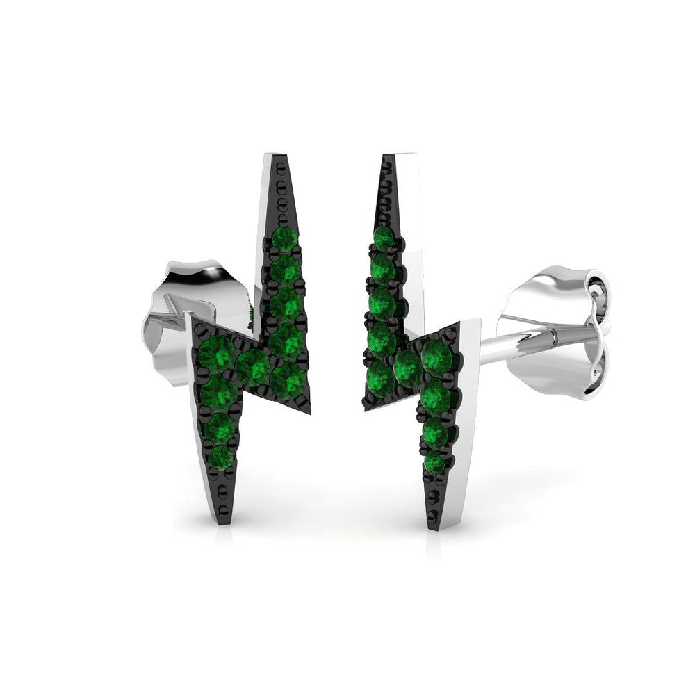 Green emerald lightning bolt stud earrings with gemstone pave setting