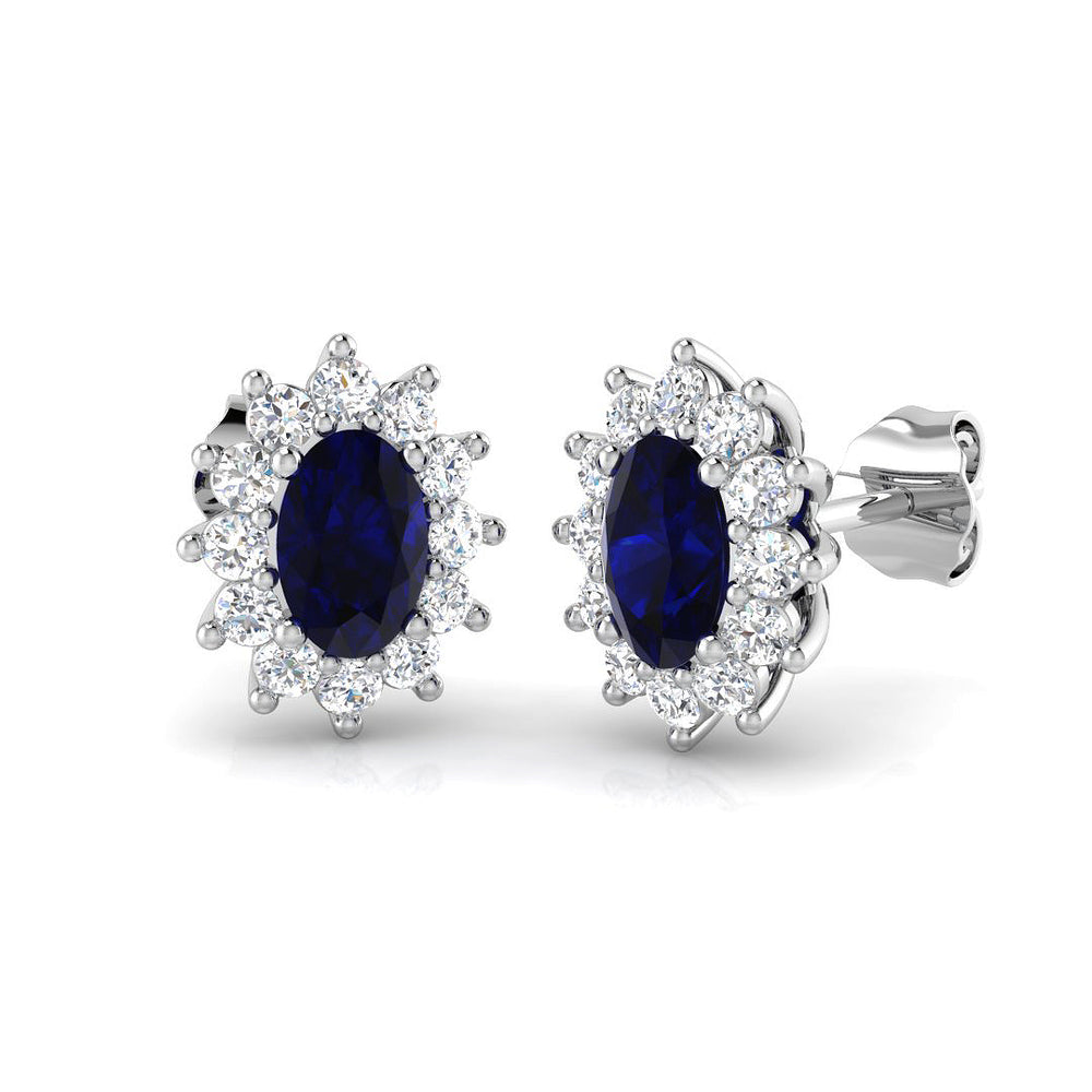 2.02ct Blue Sapphire & Natural Diamond Oval Cut Drop Earrings in 18K White Gold