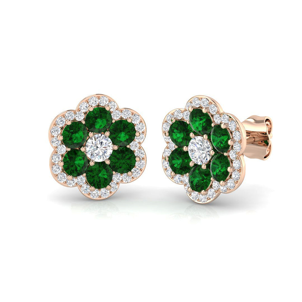 Emerald Floral Cluster Stud Earrings Rose Gold