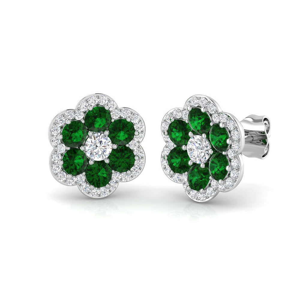 Emerald Floral Cluster Stud Earrings White Gold