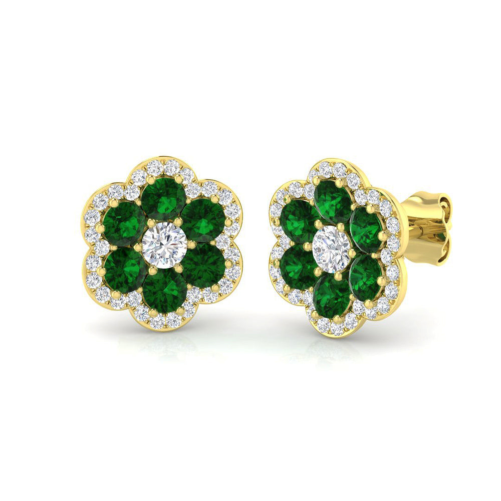 Emerald Floral Cluster Stud Earrings Yellow Gold