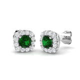 Green emerald halo diamond earrings with prong set gemstone and pave diamonds