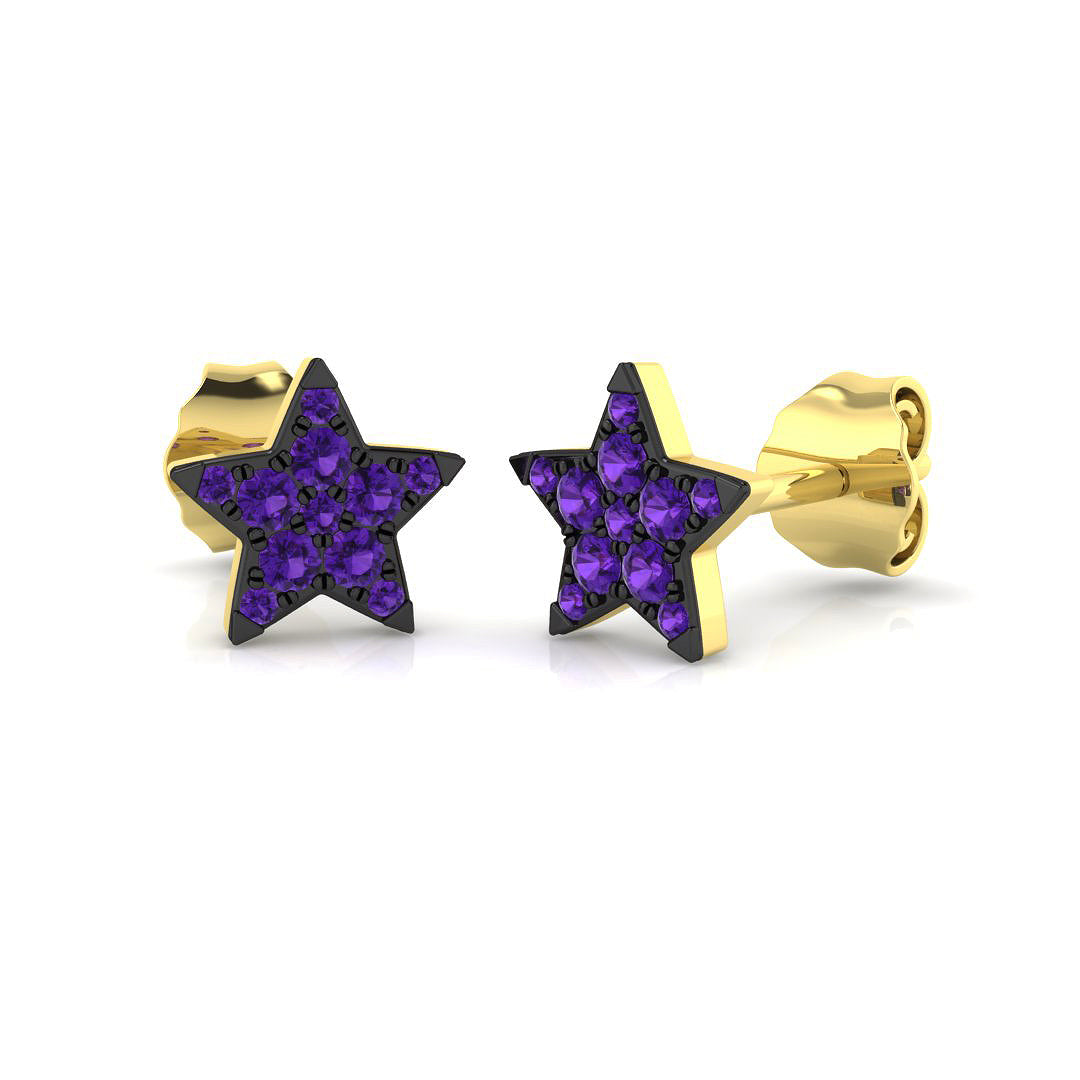 Stud Earrings with Purple Gemstone Star Shape Cluster