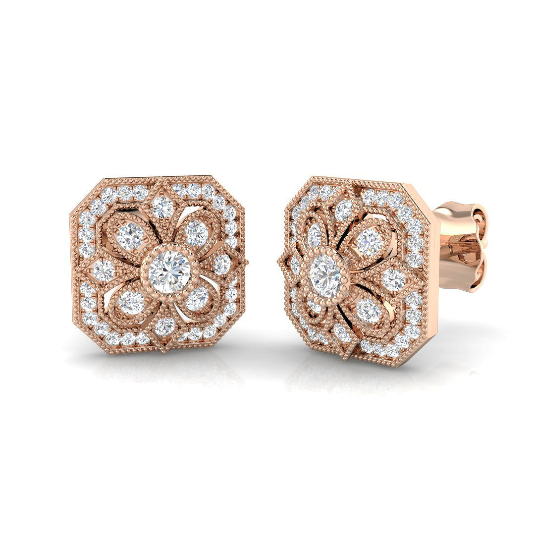 Vintage Art Deco Diamond Stud Earrings in White Gold | Floral Diamond Studs