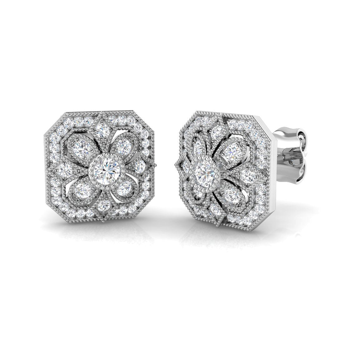 Vintage Art Deco Diamond Stud Earrings in White Gold | Floral Diamond Studs
