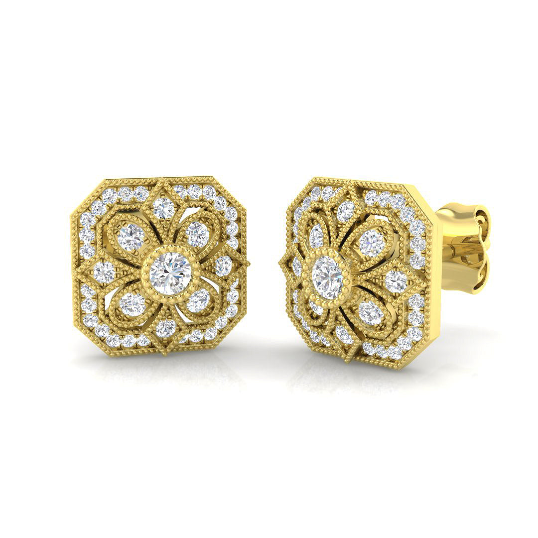 Vintage Art Deco Diamond Stud Earrings in White Gold | Floral Diamond Studs