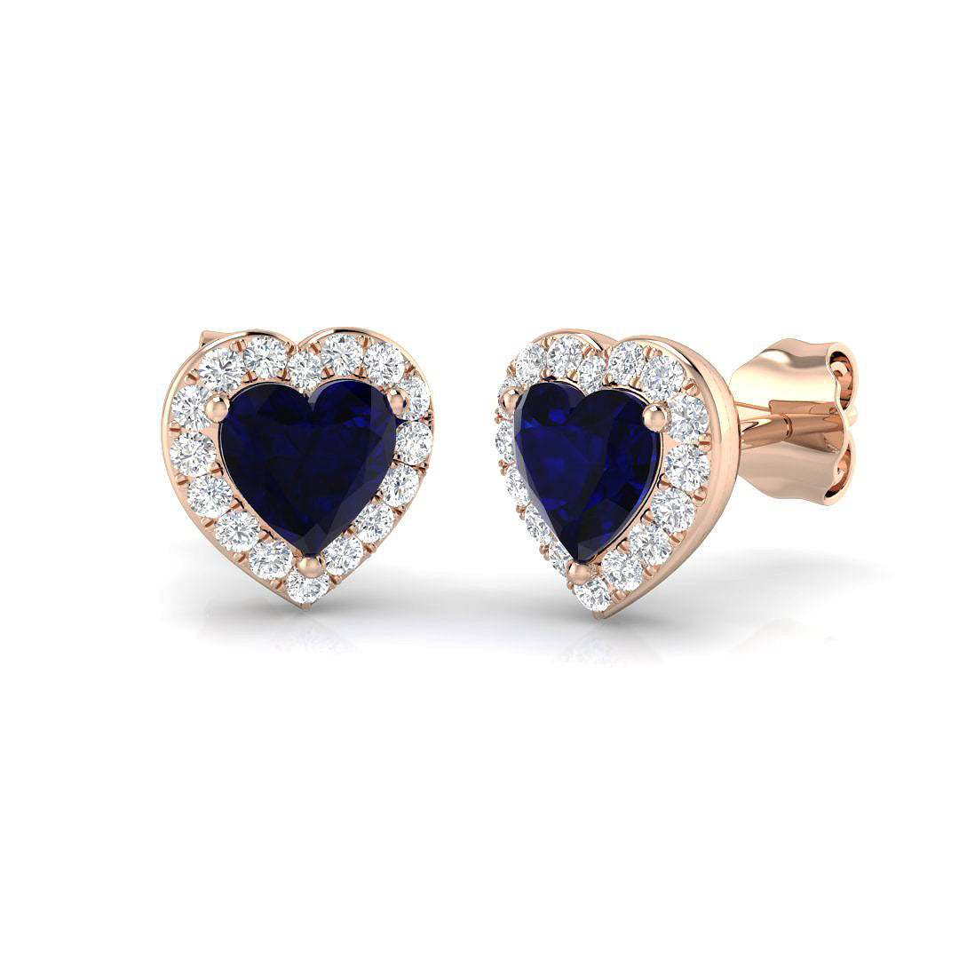 Heart Cut Blue Sapphire Diamond Stud Earrings Rose Gold