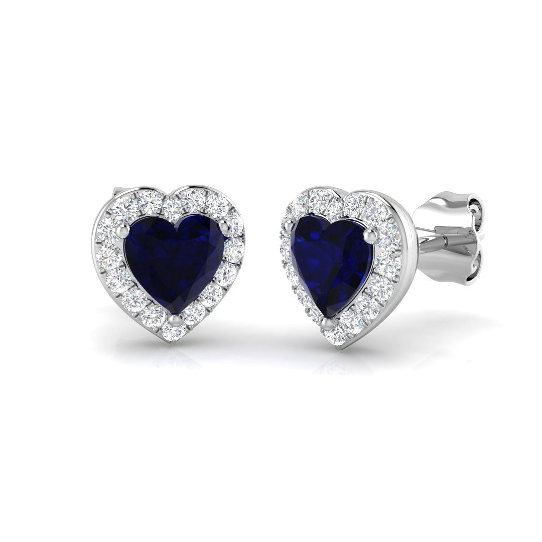 Heart Cut Blue Sapphire Diamond Stud Earrings White Gold