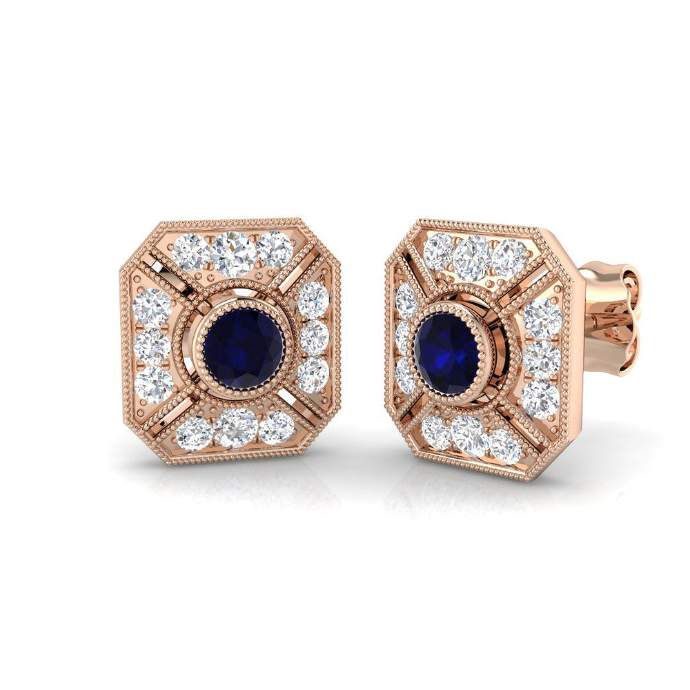 Blue Sapphire Vintage Halo Diamond Earring rose gold