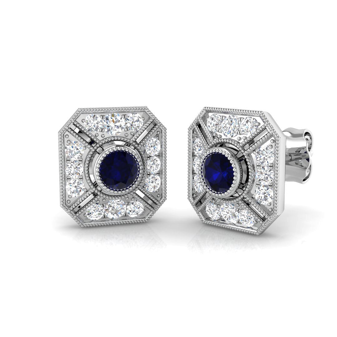 Blue Sapphire Vintage Halo Diamond Earring white gold