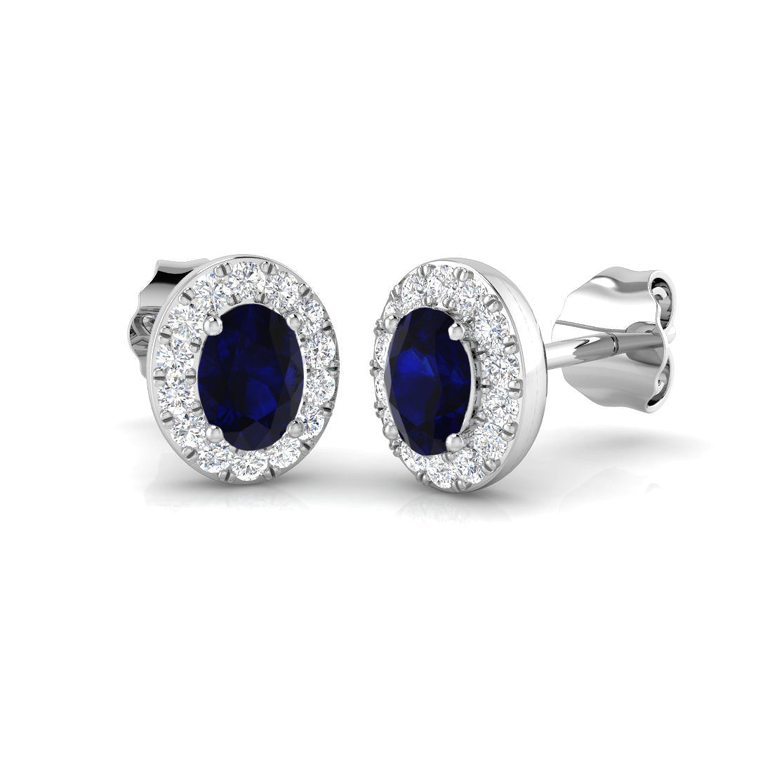 0.85ct Blue Sapphire & Natural Diamond Oval Cut Drop Earrings in 18K White Gold