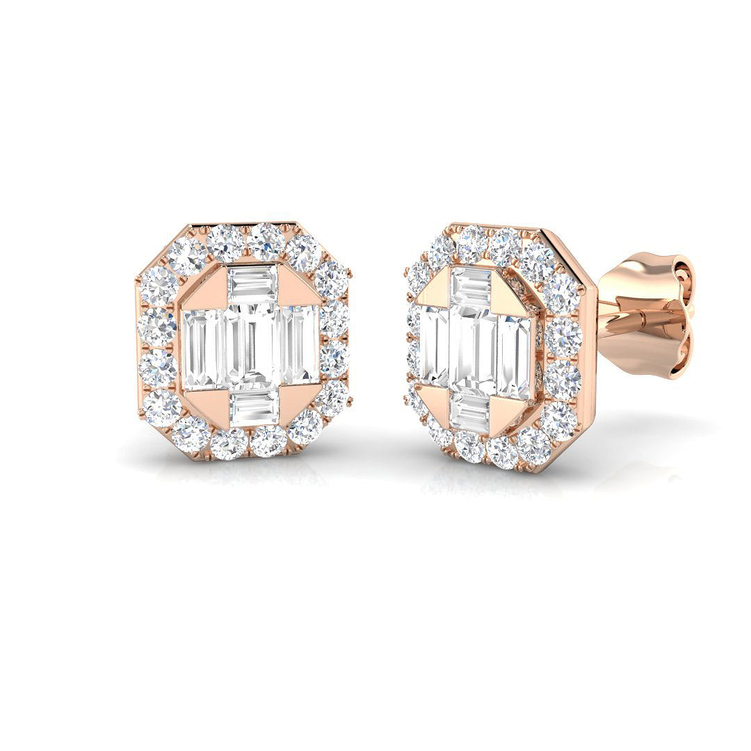 Stud Earrings with Octagon Diamond Halo Cluster | 0.5ct Gold