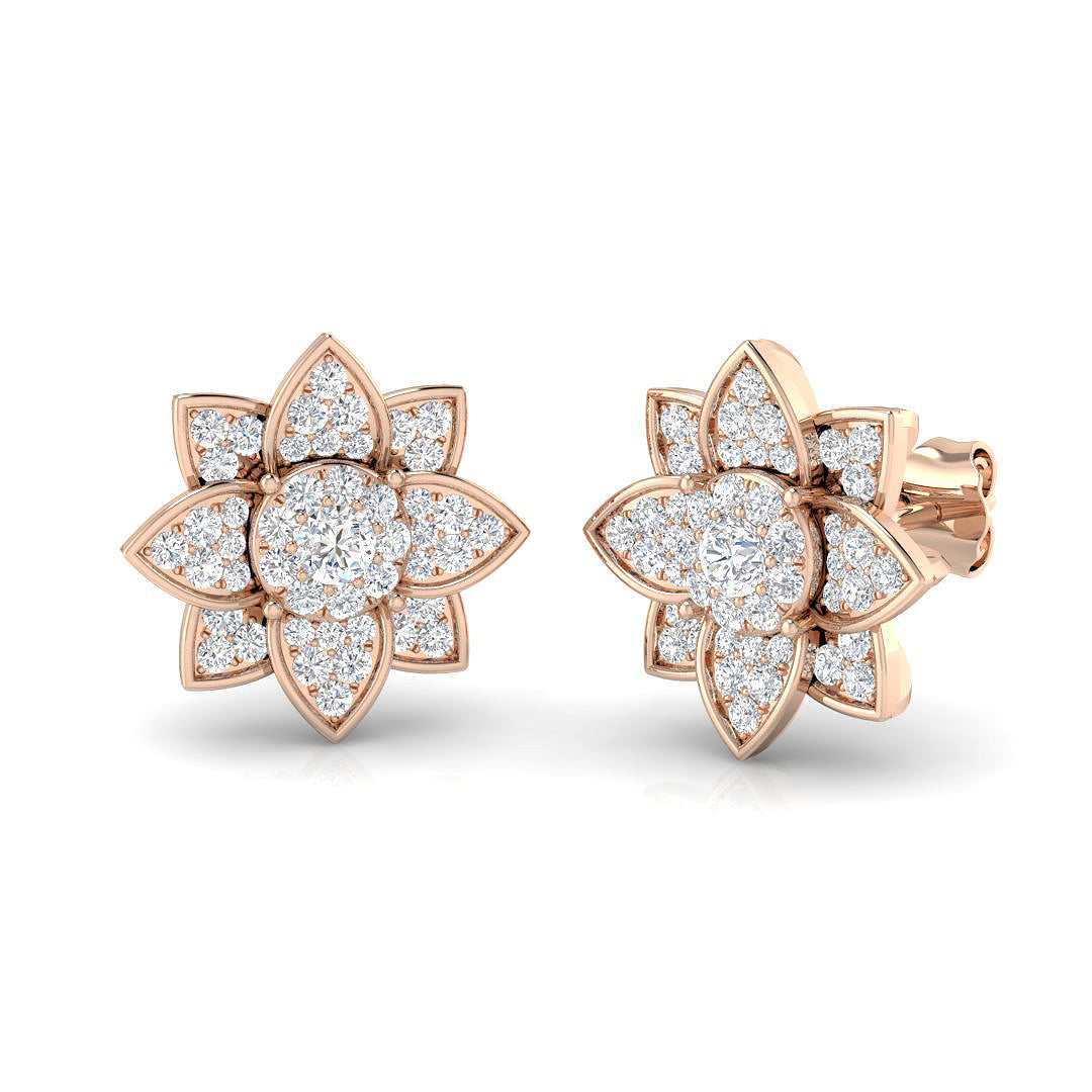 Stunning 1.0Ct Diamond Lotus Floral Stud Earrings in Rose Gold