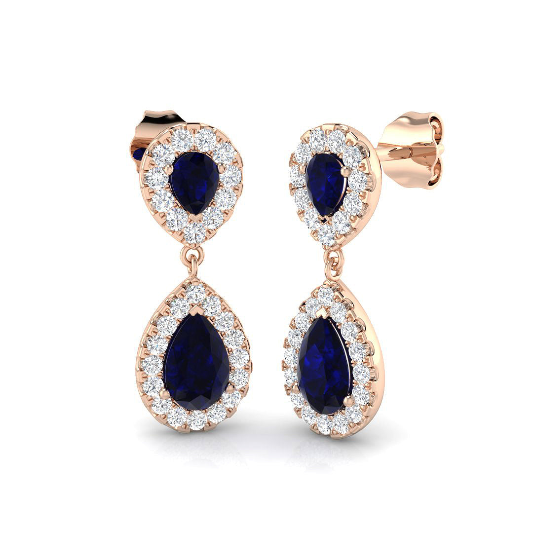 Pear Shaped Halo Dangle Earrings Rose Gold