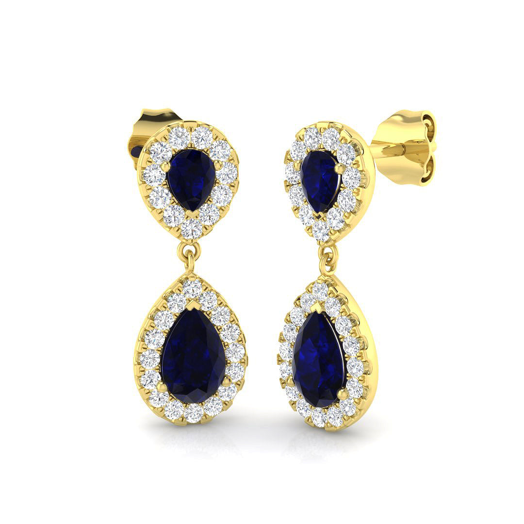 Pear Shaped Halo Dangle Earrings Yellow Gold