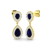 Pear Shaped Halo Dangle Earrings Yellow Gold