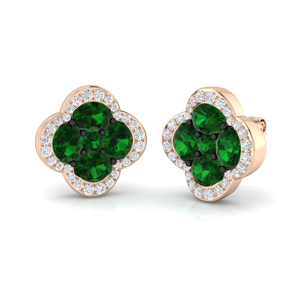 Emerald diamond clover earrings in prong set emerald gemstones