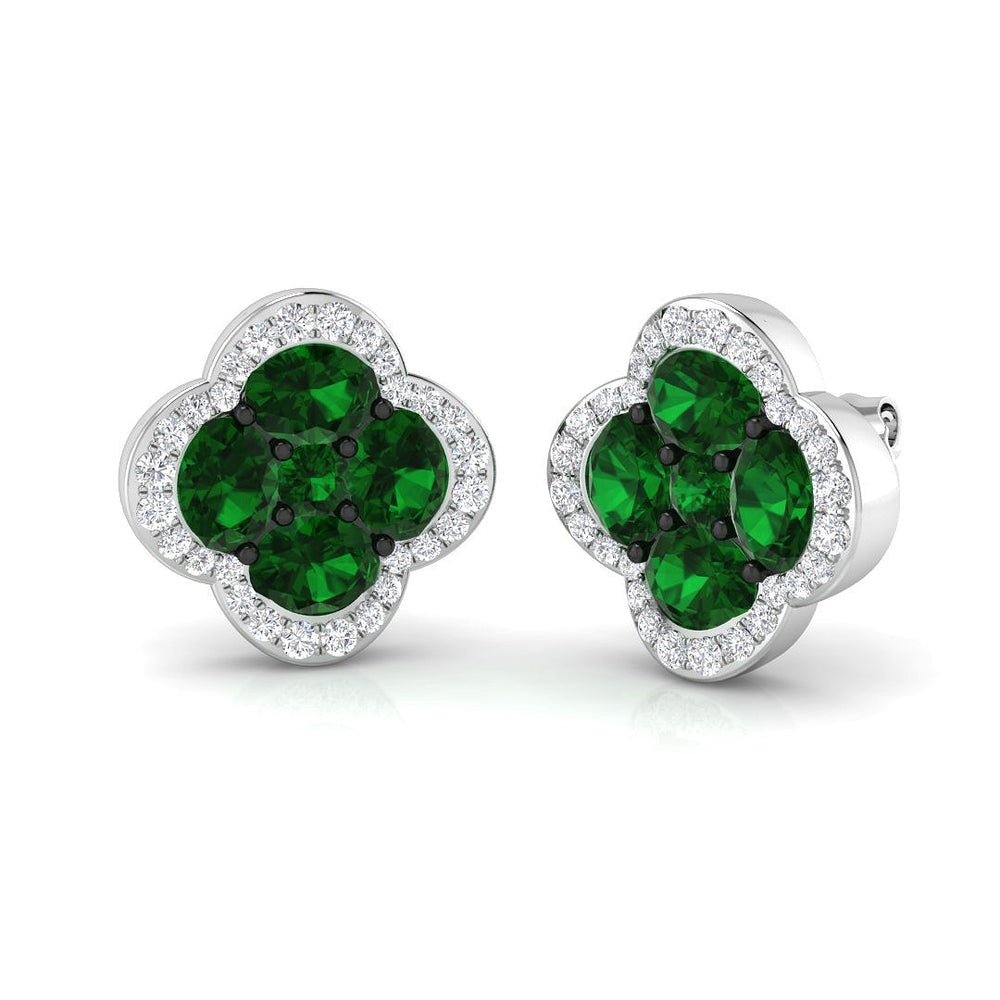 Emerald diamond clover earrings with prong set green emeralds