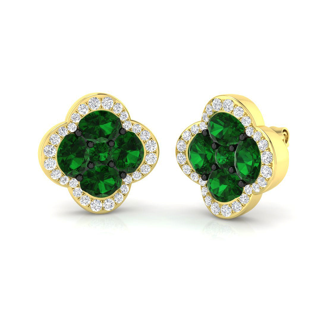 Emerald diamond clover halo stud earrings