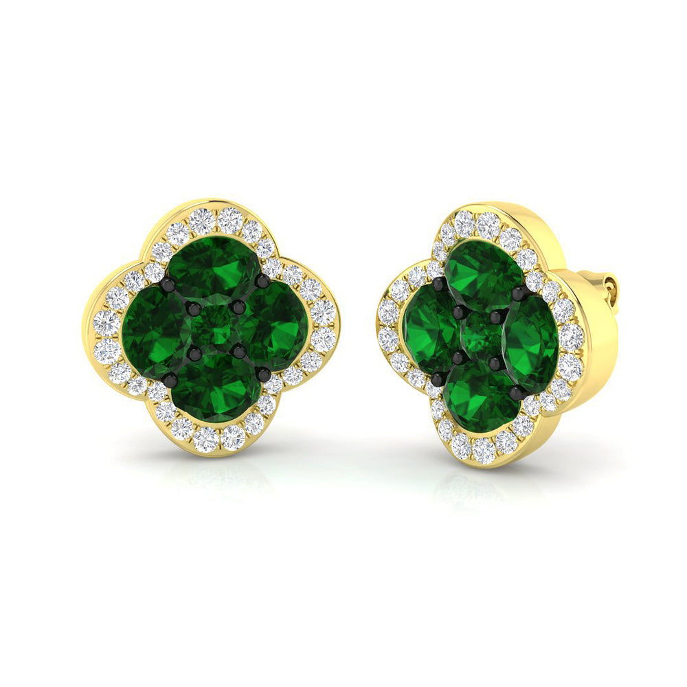 Emerald diamond clover halo stud earrings