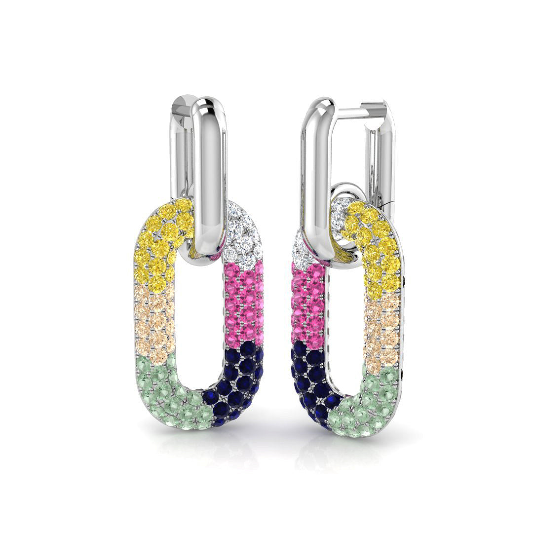 Luxury 2.0Ct Multi-Color Gemstone Paperclip Link Drop Earrings