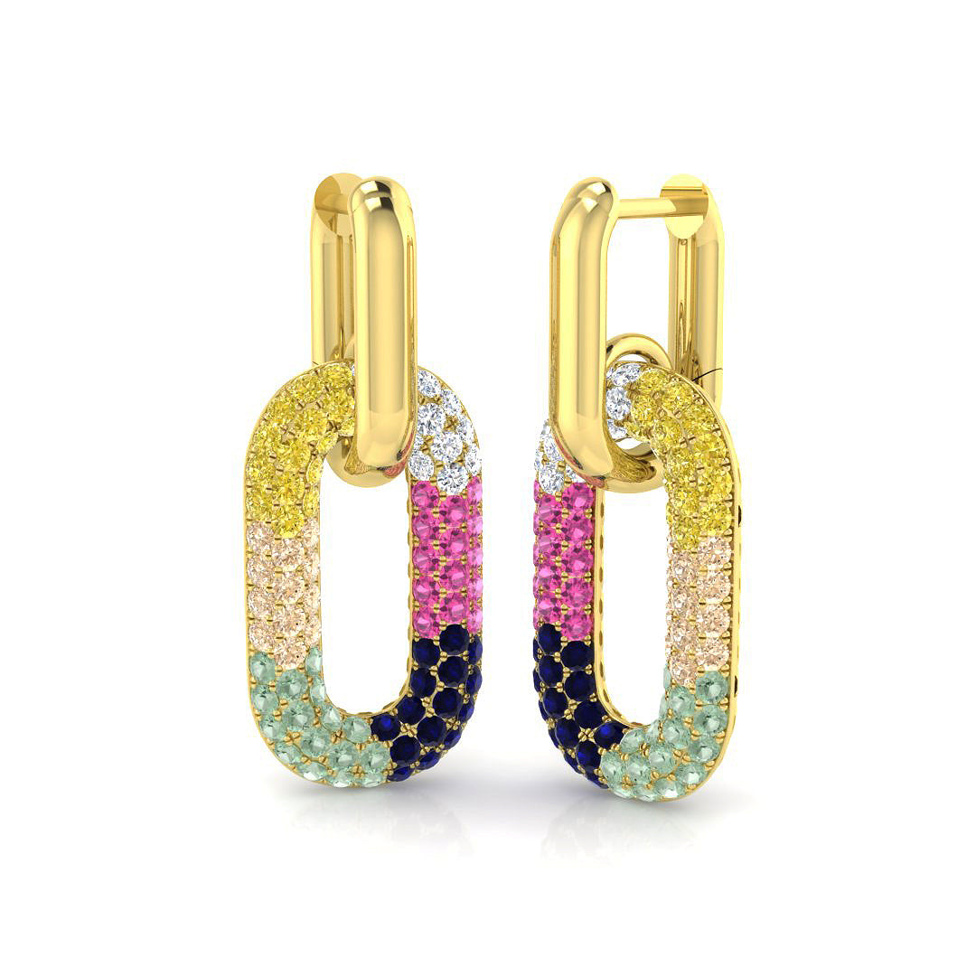 Luxury 2.0Ct Multi-Color Gemstone Paperclip Link Drop Earrings