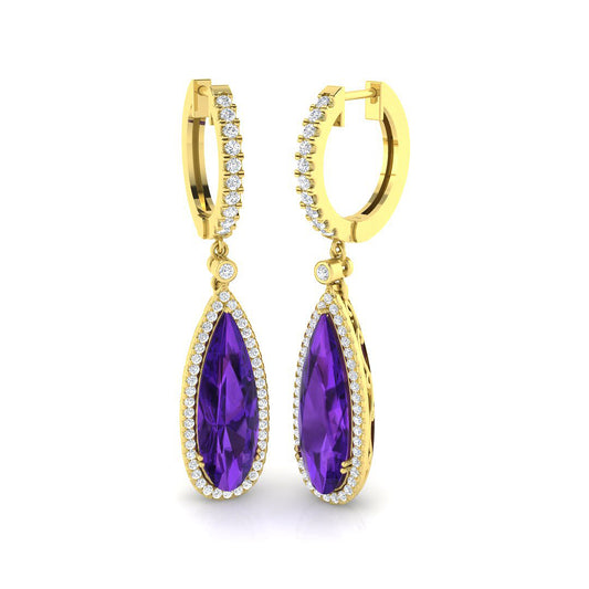Yellow Gold Teardrop Amethyst Diamond Drop Earrings