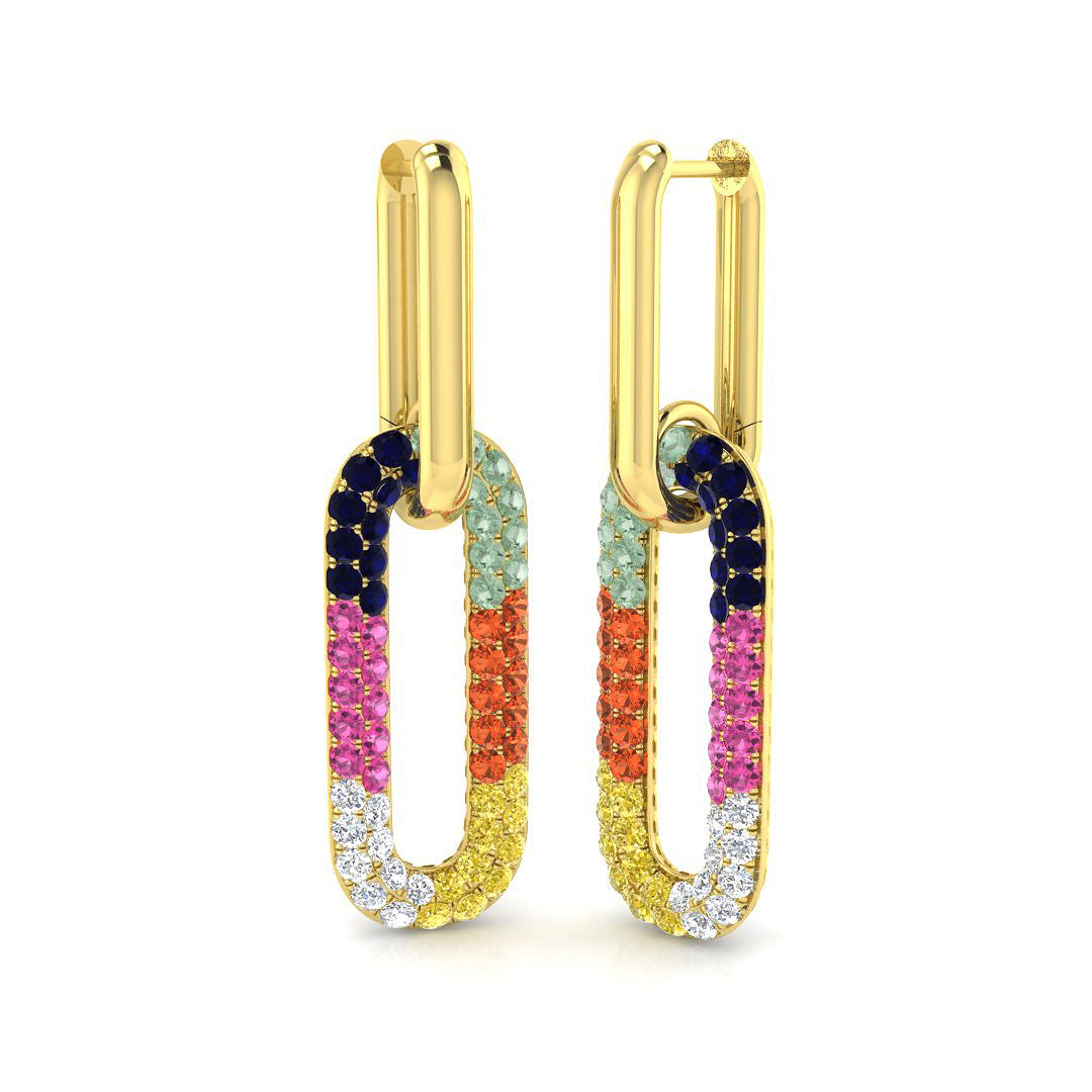 Vibrant 3.0Ct Rainbow Gemstone Paperclip Link Drop Earrings