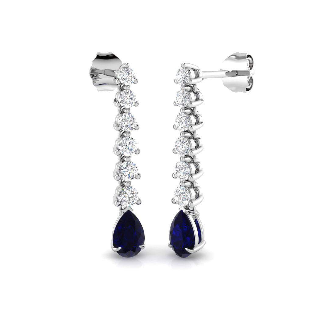 1.41ct Blue Sapphire & Natural Diamond Pear Cut Drop Earrings in 18K White Gold